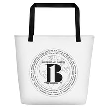 Load image into Gallery viewer, "Birth of A-b1 Nation", displayed are the names of many prominent B1 figures in our history/ White, Black "B'/Beach Bag/ White - A-b1.com
